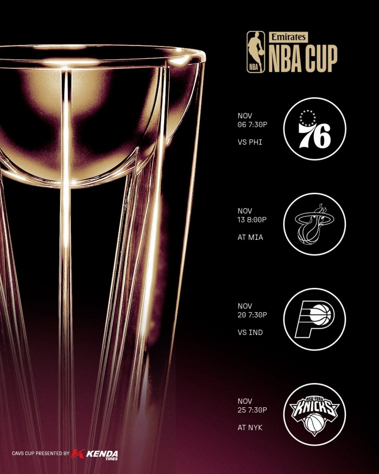 骑士NBA杯B组赛程确定：首战主场迎76人 客战热火尼克斯